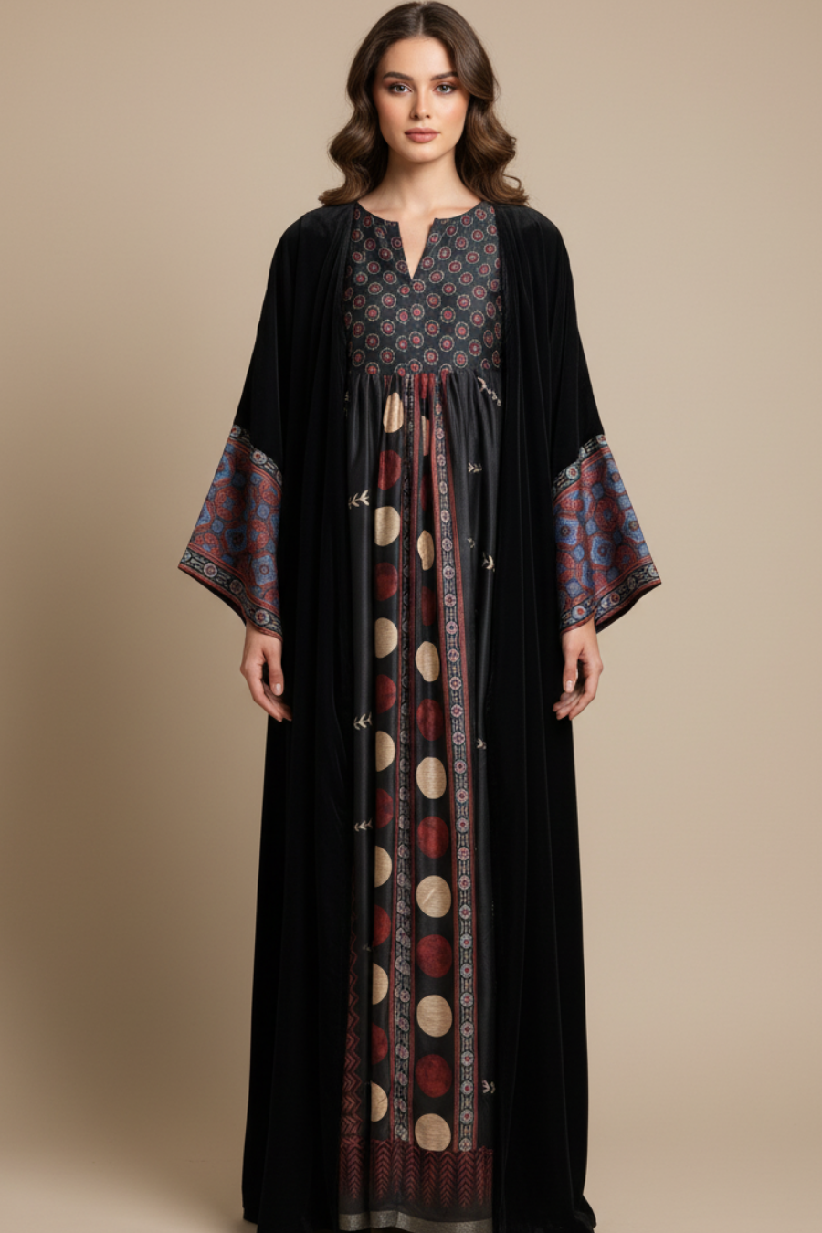 Woman wearing a black abaya with patterned sleeves and bottom half on a beige background