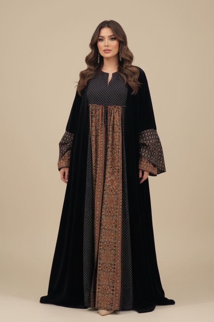 A16 – طقم مخملي فاخر بالأسود والزيتي من قطعتين