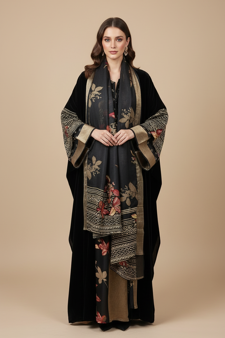 A12 – Black and Gold Velvet Overcoat 3-Piece Set