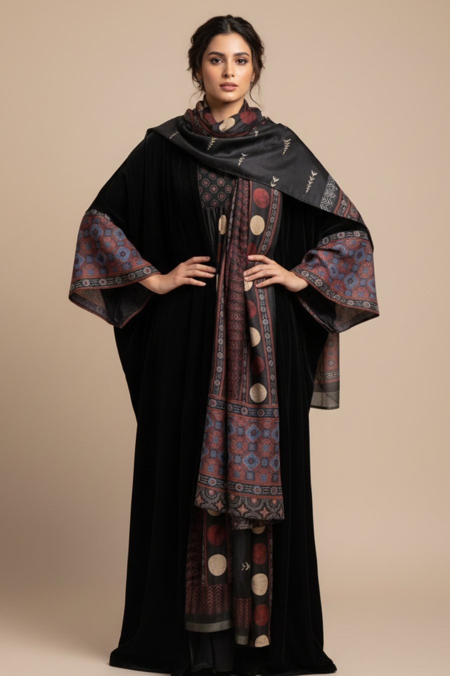 Woman wearing a black abaya with patterned sleeves and hem on a beige background
