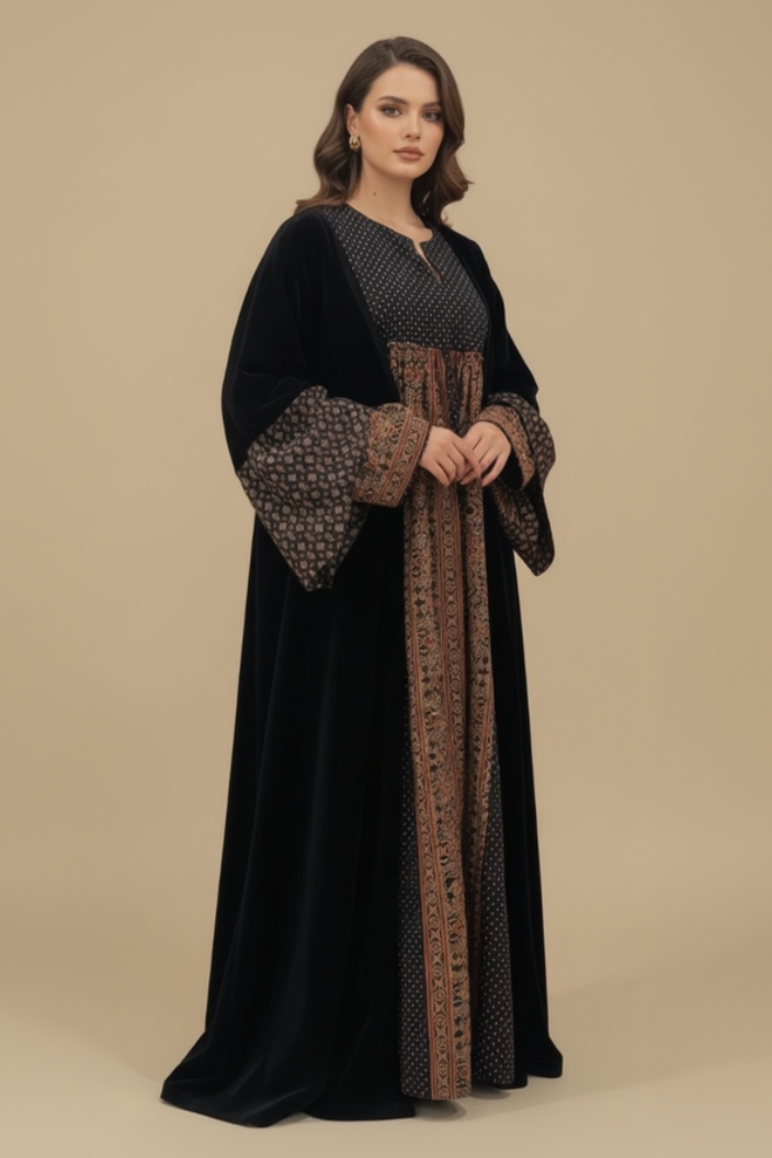 A16 – طقم مخملي فاخر بالأسود والزيتي من قطعتين