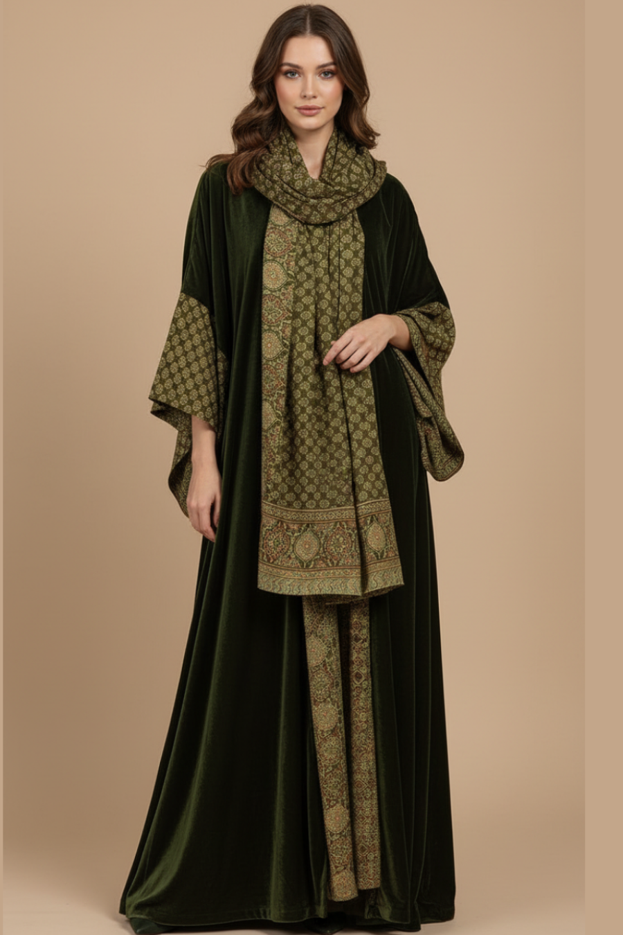 Woman wearing a green and black traditional overcoat with a patterned scarf on a beige background