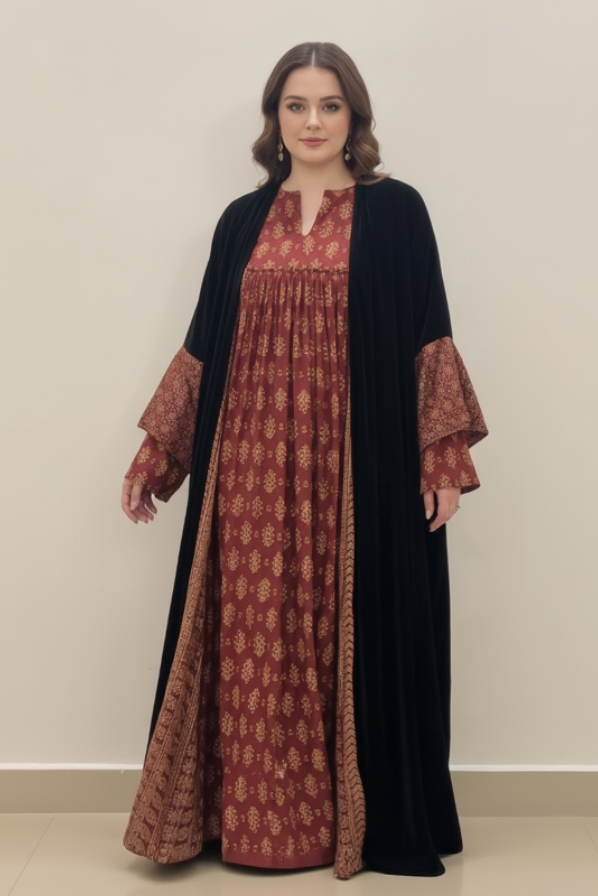 A14 –Terracota Black Velvet Overcoat 2-Piece Set