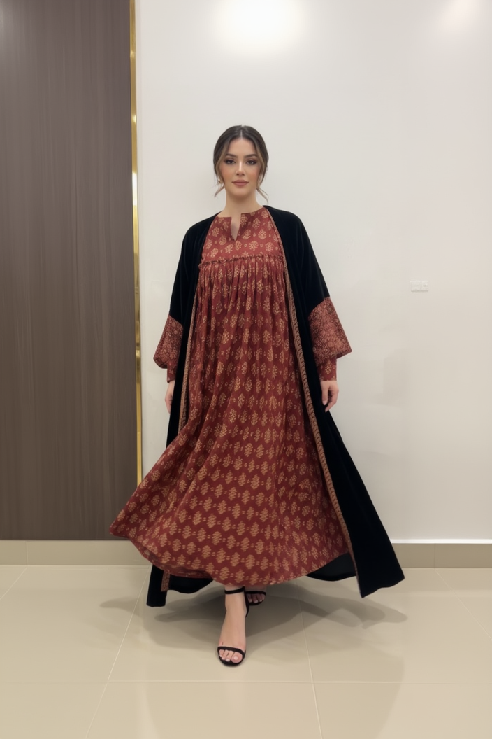 A14 –Terracota Black Velvet Overcoat 2-Piece Set