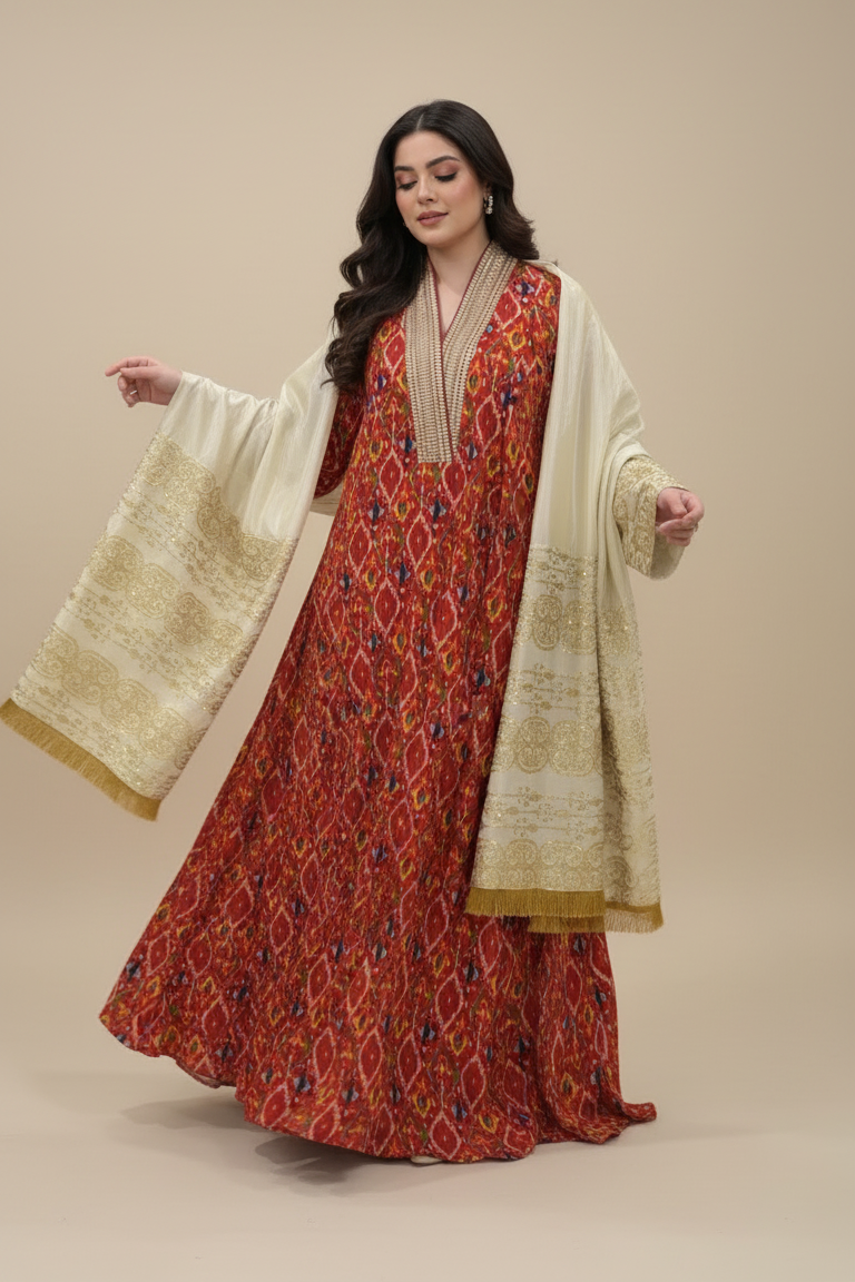 A66 – طقم دراعة مطبّعة مع شال مطرّز – قطعتين – 4 ألوان