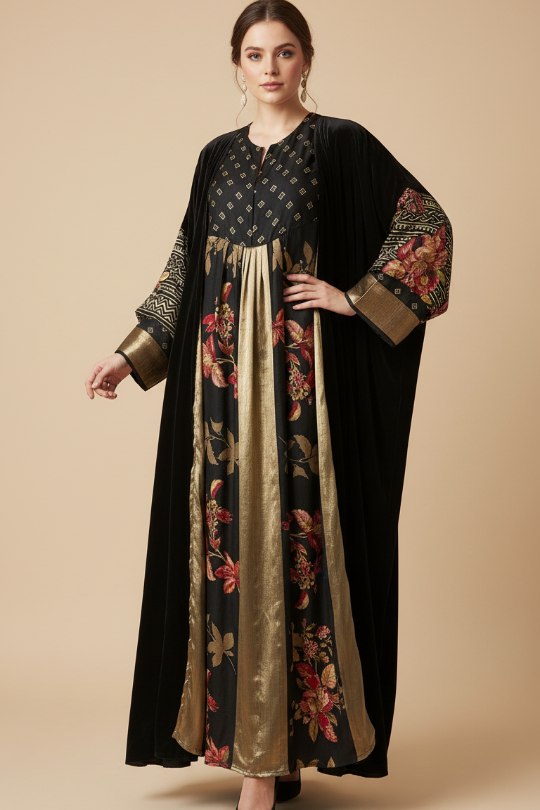 Woman wearing a black and gold embroidered abaya and overcoat on a beige background