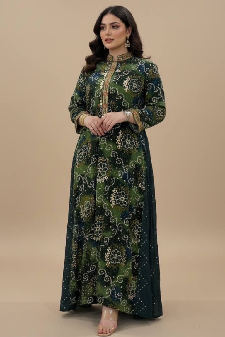 A77 – دراعة ماكسي مطبعة أنيقة – ٤ ألوان – قطعة واحدة