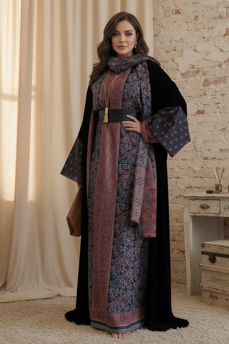 A41 - طقم بشت أسود مع درجات عنابي وأزرق هادئة من 3 قطع