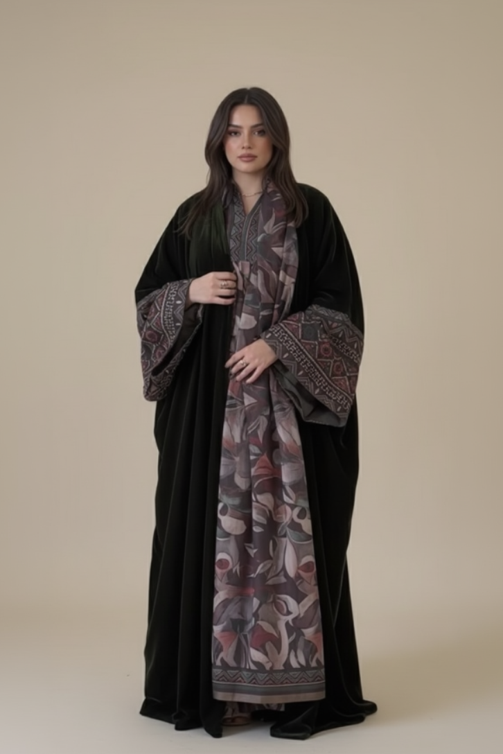 A25 - طقم ‏بشت مخملي أخضر مزين بالزهور مكون من 3 قطع