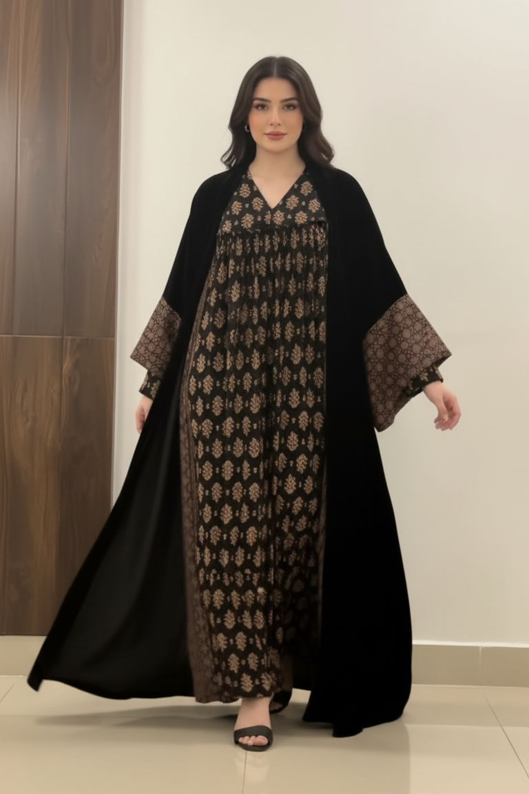 A29 - طقم بشت مخملي أسود وبيج من قطعتين