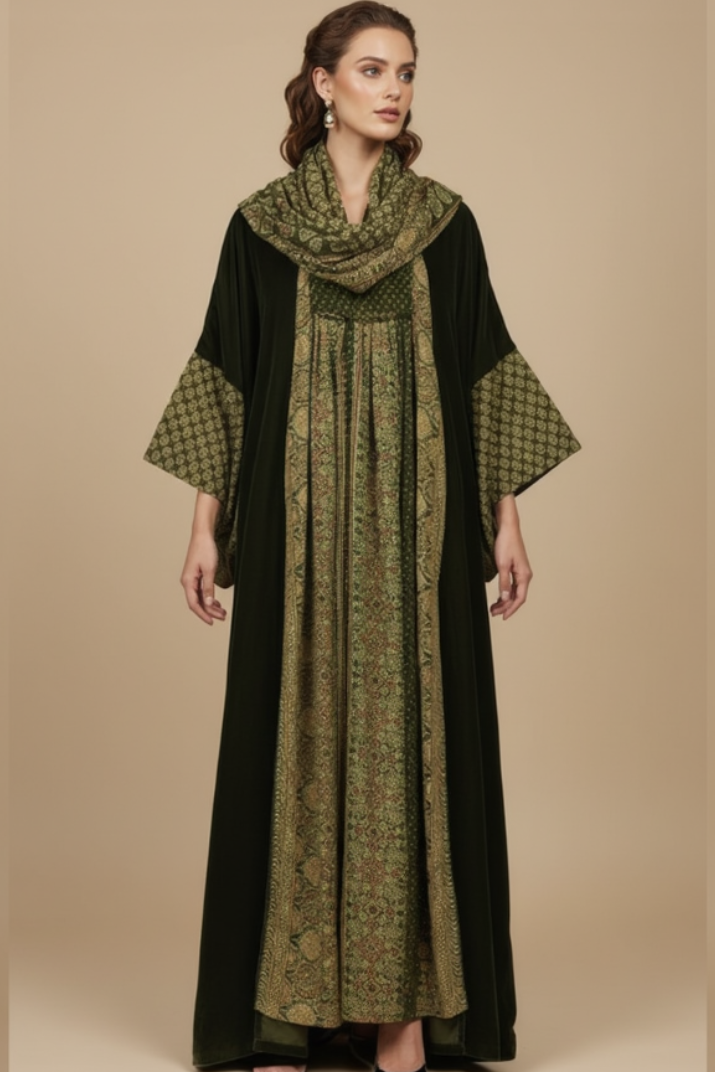 Woman wearing a black and green patterned dress on a beige background