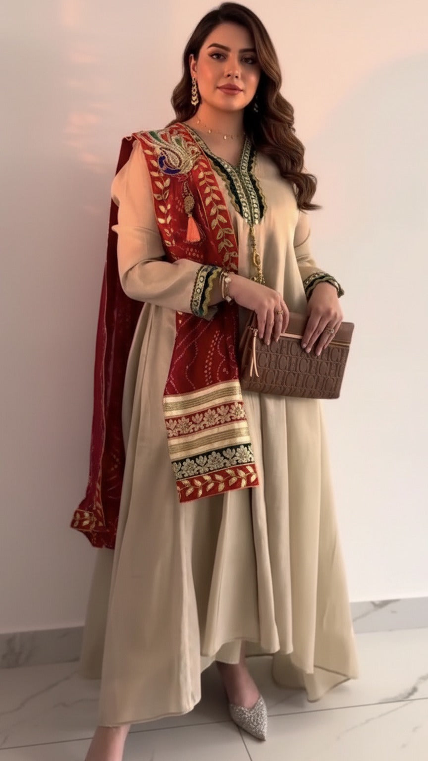 A71 – Marjan Ivory Daraa & Red Embroidered Shawl Set