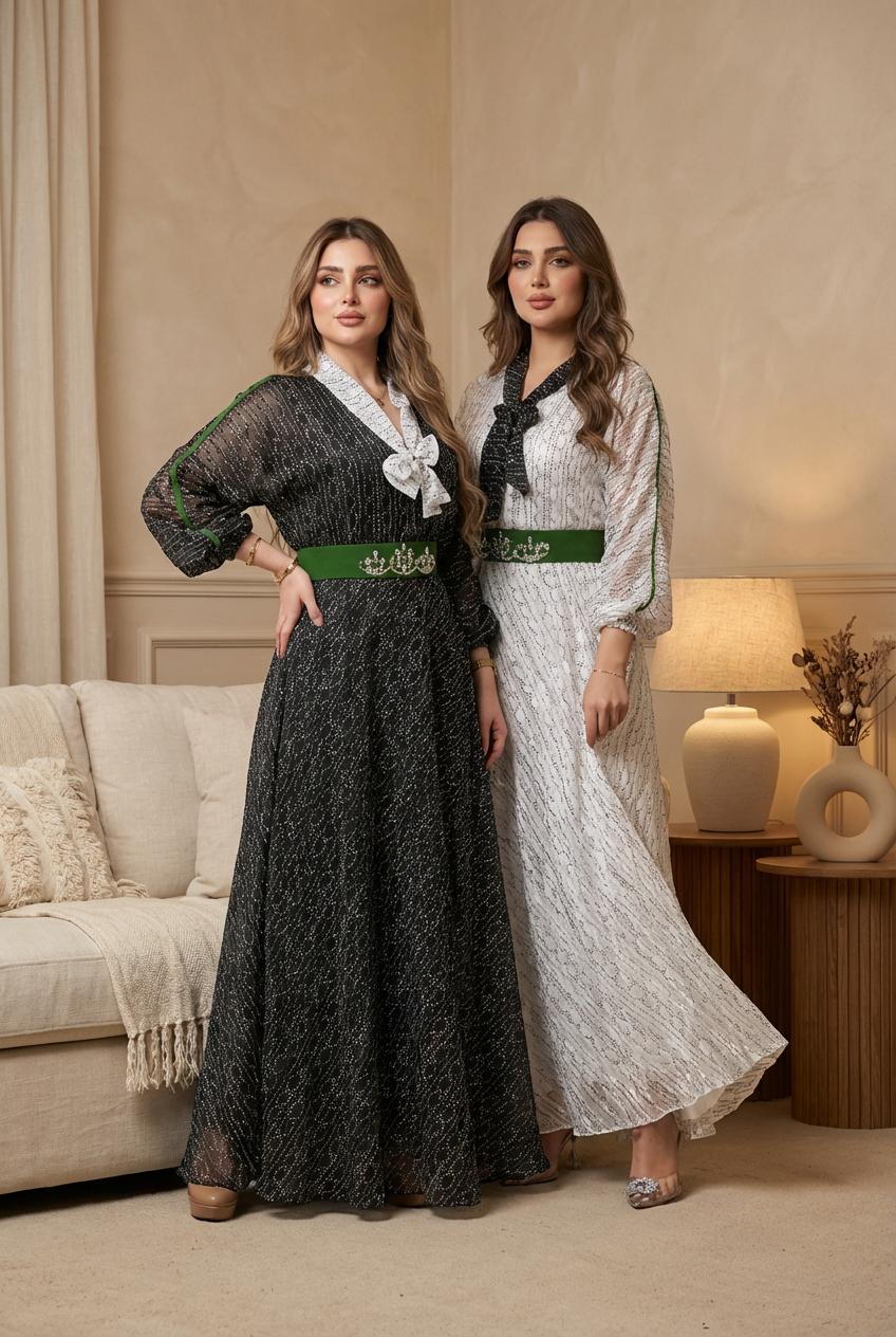 C95– دراعة أنيقة بحزام أخضر مميز – ٣ ألوان