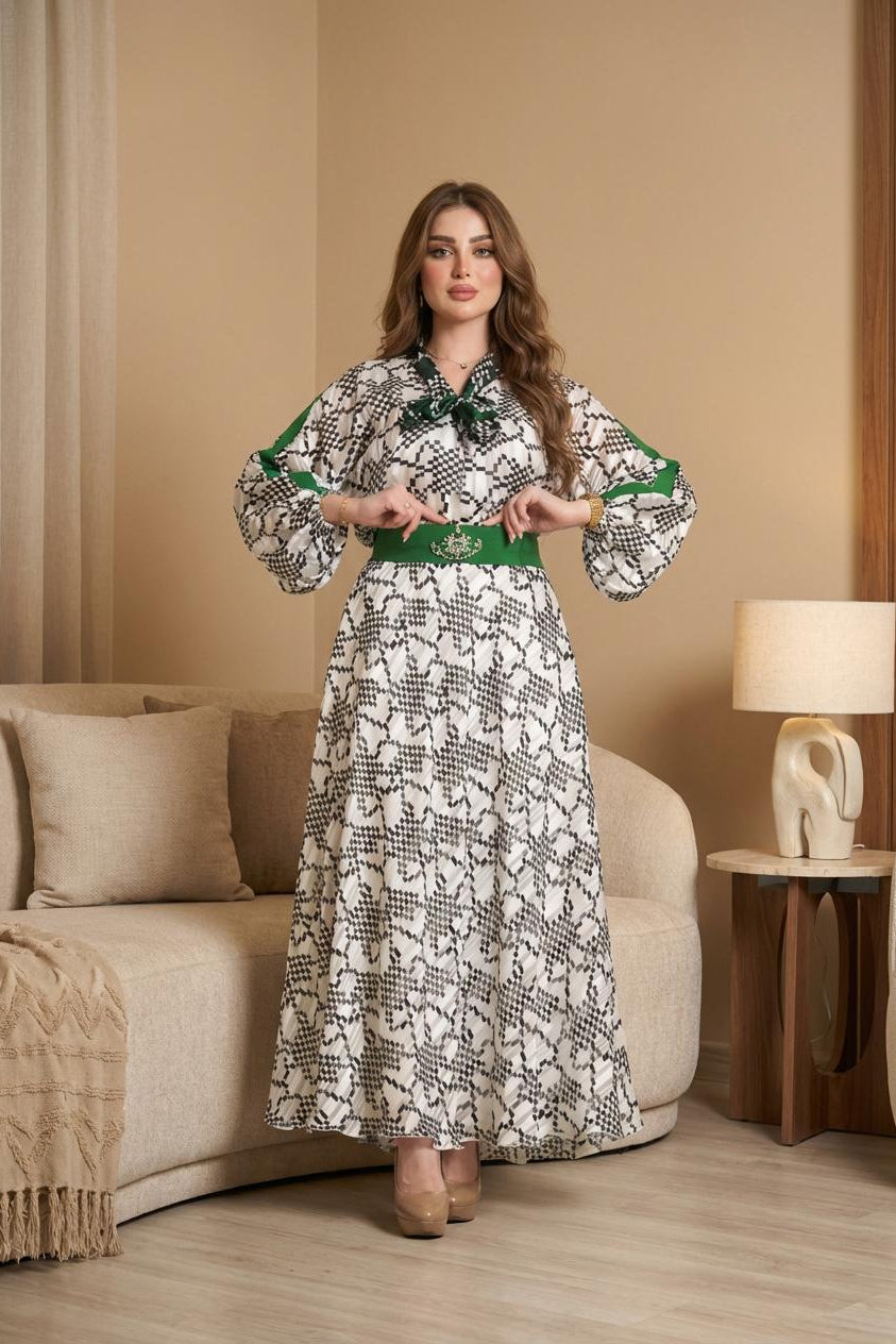 C95– دراعة أنيقة بحزام أخضر مميز – ٣ ألوان