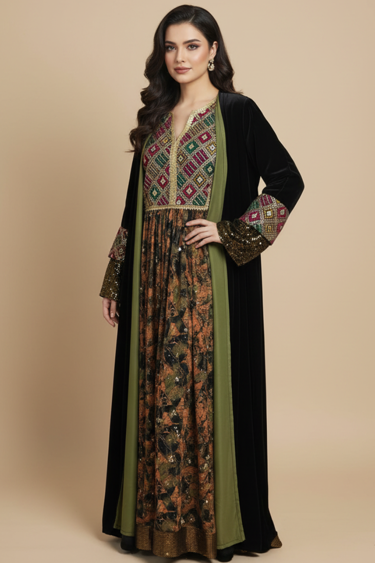 A13 – Black and Green Velvet Overcoat 2-Piece Set