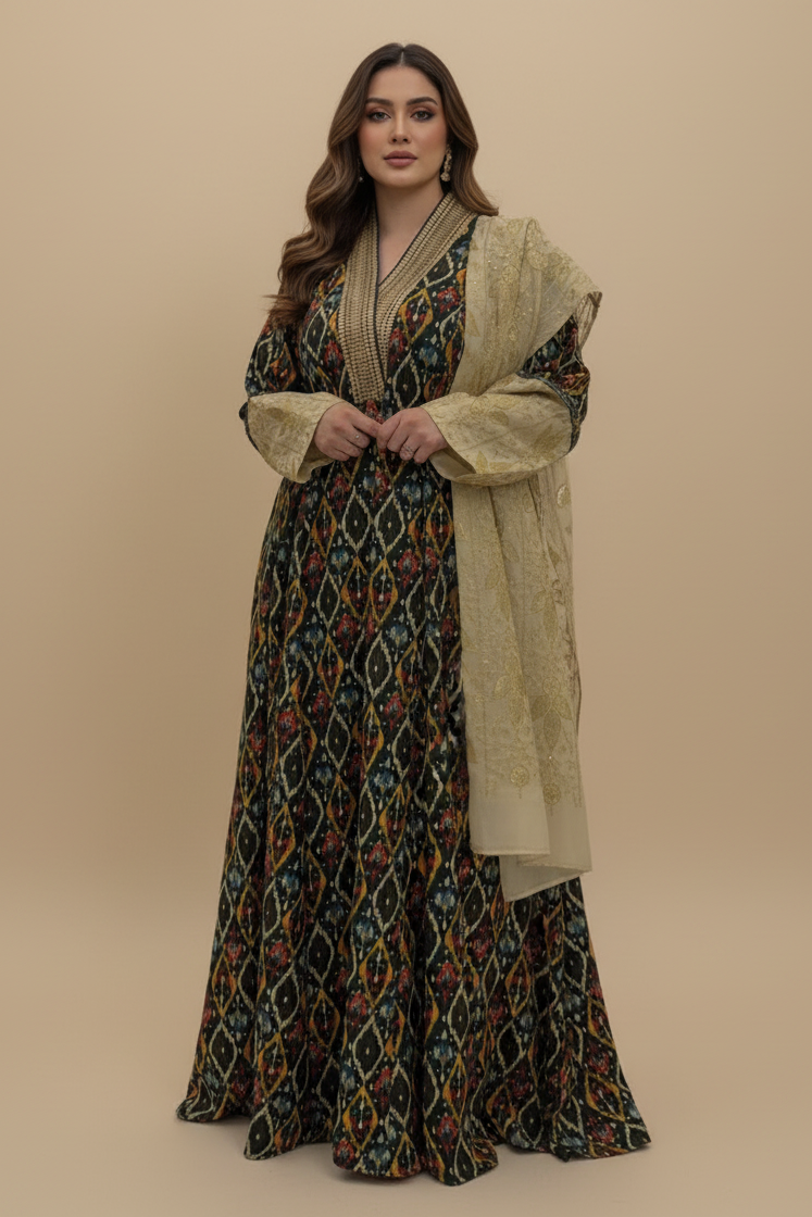 A66 – طقم دراعة مطبّعة مع شال مطرّز – قطعتين – 4 ألوان