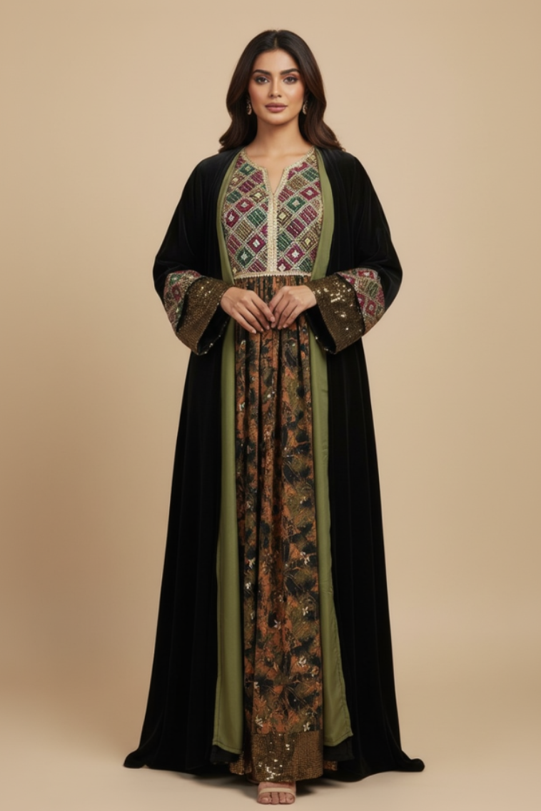 A13 – Black and Green Velvet Overcoat 2-Piece Set