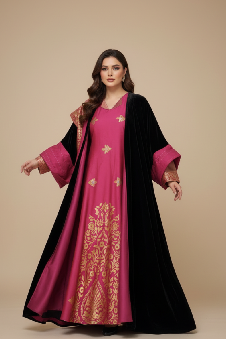 A47 – طقم وردي 3 قطع | بشت + دراعة + شال