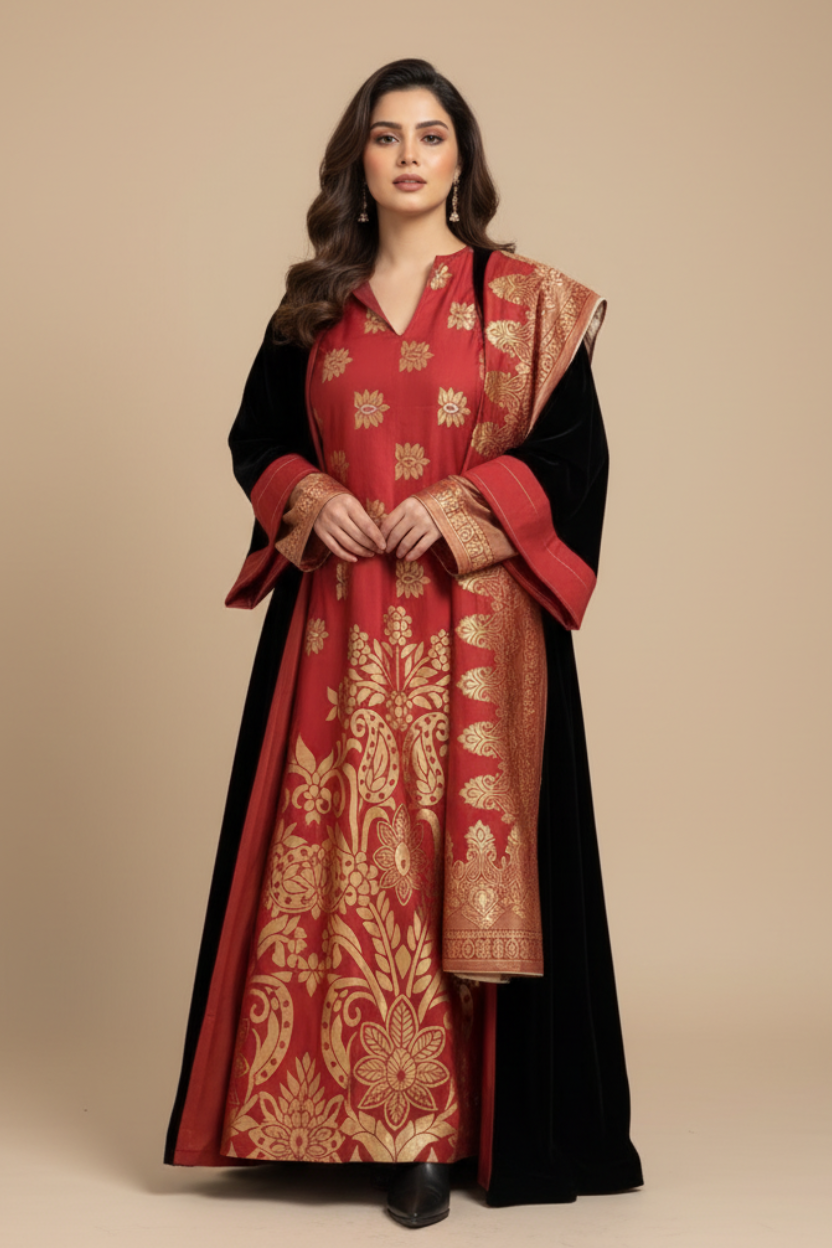 A49 – طقم أحمر 3 قطع | بشت + دراعة + شال